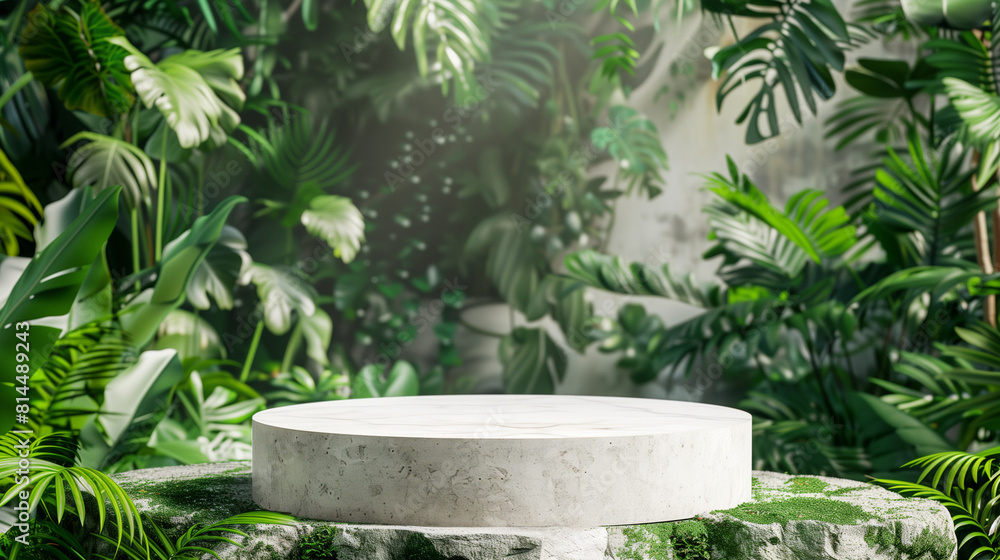Podium background product green nature 3D forest stand white plant. Cosmetic background product podium display wood jungle studio garden beauty platform presentation mockup pedestal stone tropical Podium background product green nature 3D forest stand white plant. Cosmetic background product podium display wood jungle studio garden beauty platform presentation mockup pedestal stone tropical