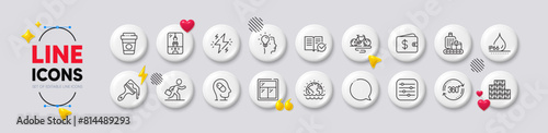 Idea, Crane claw machine and Bike line icons. White buttons 3d icons. Pack of Takeaway coffee, Disaster, Baggage belt icon. Window, Full rotation, Depression treatment pictogram. Vector