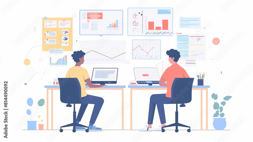Two young entrepreneurs brainstorming in a contemporary coworking space, surrounded by digital diagrams and charts Two young entrepreneurs brainstorming in a contemporary coworking space, surrounded by digital diagrams and charts