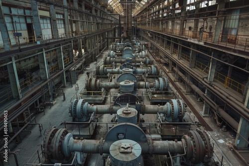 A vast industrial space with many small gray pumps on the factory floor 