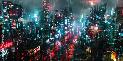 A dark and rainy cityscape with neon lights reflecting off the wet streets. The city is full of tall skyscrapers and futuristic technology.