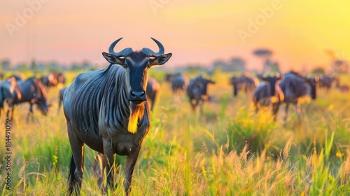 Blue wildebeest in the meadow  big animal in the nature habitat  Botswana  Africa - Generative AI