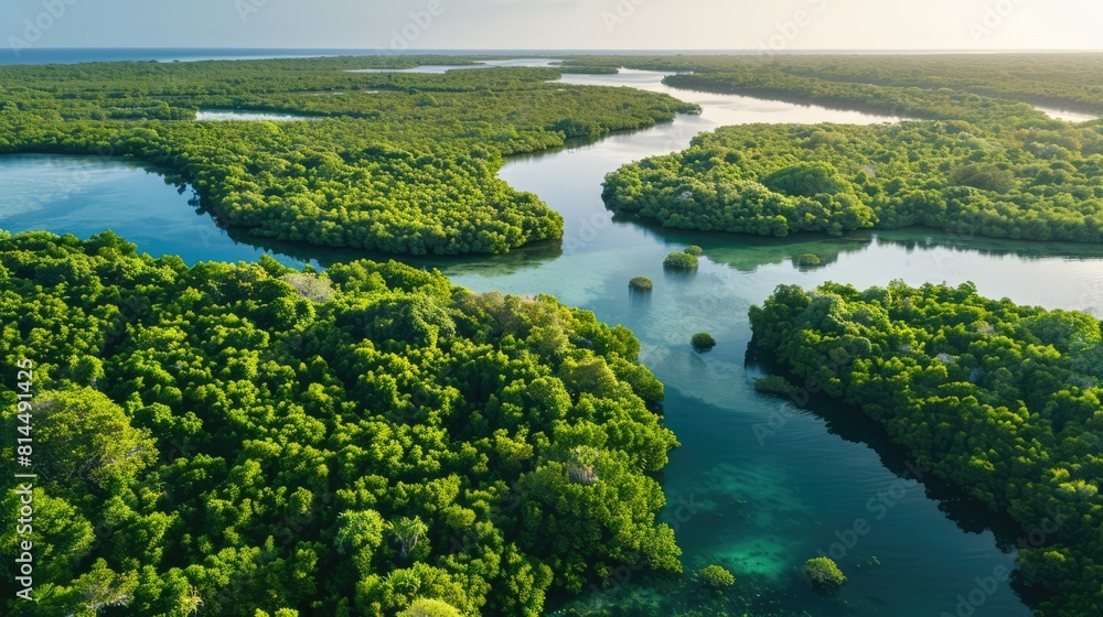 Aerial view of lush mangrove forest in the tropical lagoon, Ping wet - Generative AI 
