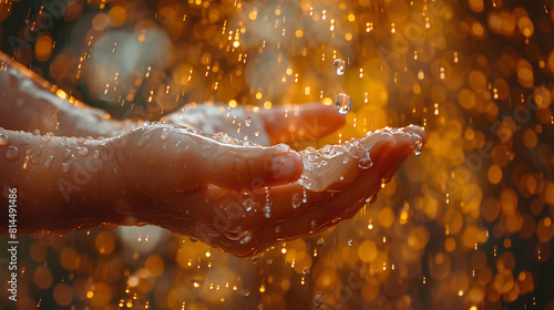 Childs hand catching raindrops  sparkling as they fall  front view  playful shimmer  Technology tone  Complementary Color Scheme