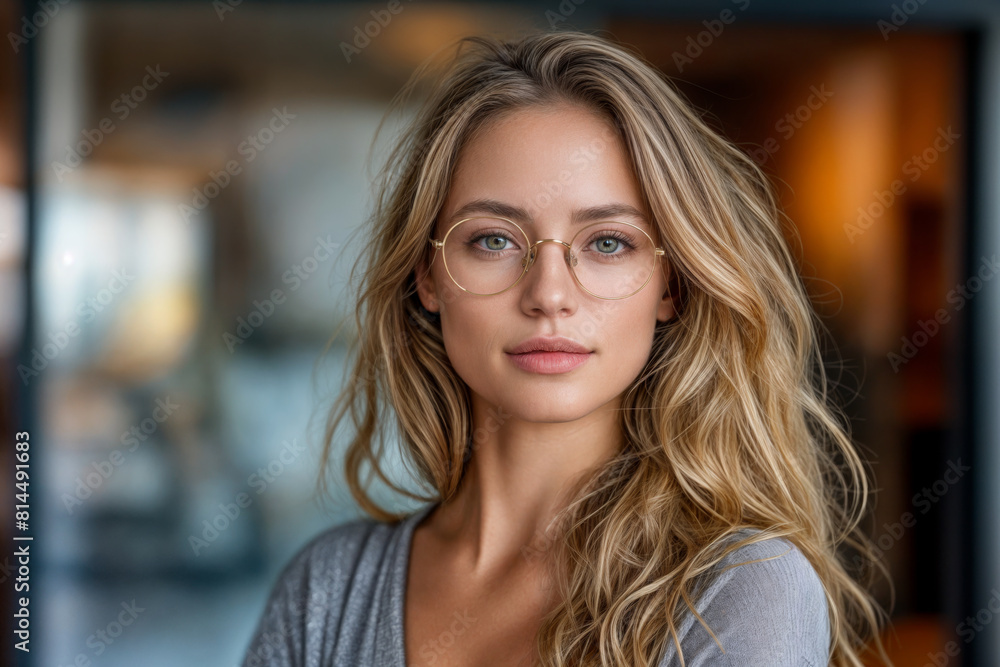 Confident young woman in glasses, serious expression and casual style, professional indoor setting emphasizes modernity