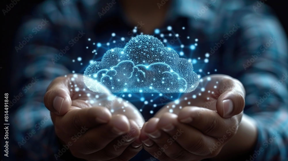 Man in a checkered shirt presenting a glowing cloud made of network particles, symbolizing data cloud or cloud computing Man in a checkered shirt presenting a glowing cloud made of network particles, symbolizing data cloud or cloud computing