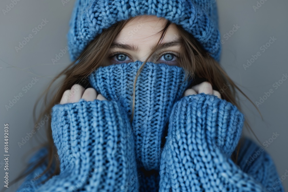 A girl pulls a jumper over her face. Girl's beautiful eyes look through the jumper and hat. Concept of warmth and coldness A girl pulls a jumper over her face. Girl's beautiful eyes look through the jumper and hat. Concept of warmth and coldness