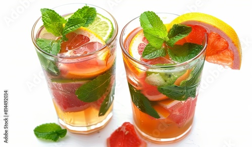 Refreshing citrus mint iced tea in tall glasses on white background