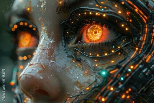 Detailed image of a robot's face focusing on the eye, showcasing intricate glowing circuits and a vivid orange iris photo