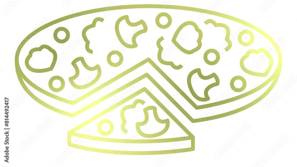 Animated golden linear pizza is drawn. Line symbol of mushroom pizza with a slice cut off. Concept of pizzeria, Italian food. Looped video. Vector illustration isolated on white background. Animated golden linear pizza is drawn. Line symbol of mushroom pizza with a slice cut off. Concept of pizzeria, Italian food. Looped video. Vector illustration isolated on white background.