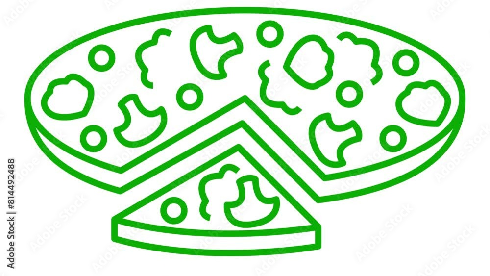 Animated green linear pizza is drawn. Line symbol of mushroom pizza with a slice cut off. Concept of pizzeria, Italian food. Looped video. Vector illustration isolated on white background. Animated green linear pizza is drawn. Line symbol of mushroom pizza with a slice cut off. Concept of pizzeria, Italian food. Looped video. Vector illustration isolated on white background.