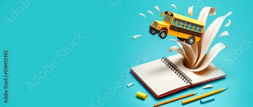 Banner with paper craft yellow school bus leaping from open notebook, surrounded by pencils and flying paper pages. Concept Back to school