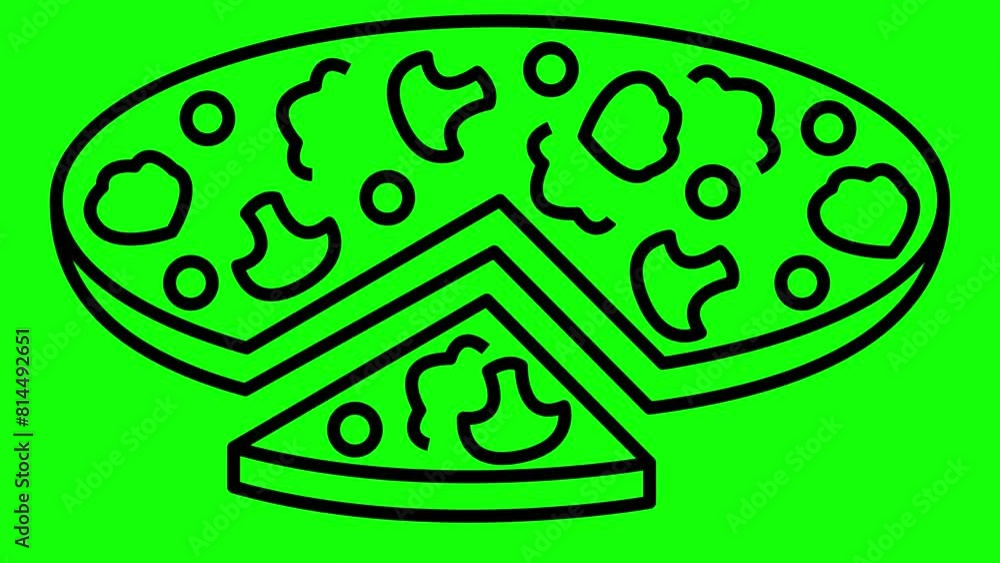 Animated black linear pizza is drawn. Line symbol of mushroom pizza with a slice cut off. Concept of pizzeria, Italian food. Looped video. Vector illustration isolated on green background. Animated black linear pizza is drawn. Line symbol of mushroom pizza with a slice cut off. Concept of pizzeria, Italian food. Looped video. Vector illustration isolated on green background.