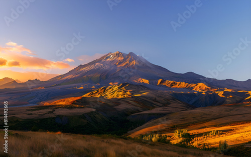 "Golden Glow: Sunset Majesty over Mountains". Sunset or Sunrise on Mountain with Cloud in Sky. Sunset mountain scenery. 