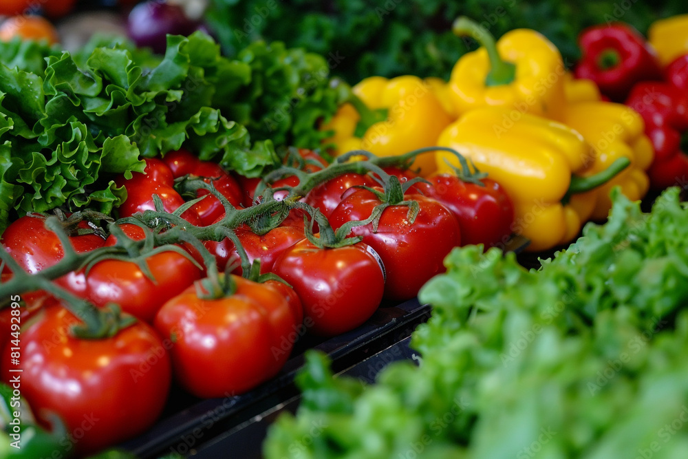 A vibrant display of fresh, organic vegetables, including ripe tomatoes, crisp lettuce, and bright bell peppers, showcasing a healthy food choice A vibrant display of fresh, organic vegetables, including ripe tomatoes, crisp lettuce, and bright bell peppers, showcasing a healthy food choice