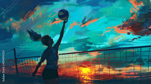 watercolor painting of a woman playing volleyball
