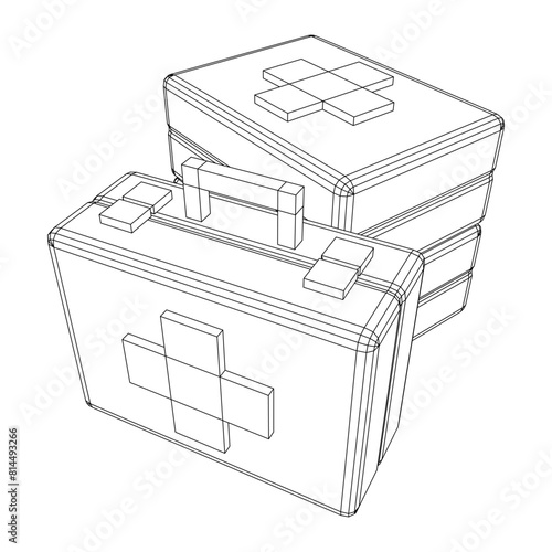 Suitcase of medical aid. Med kit symbol of emergency assistance with cross first aid equipment and treatment. Wireframe low poly mesh vector illustration