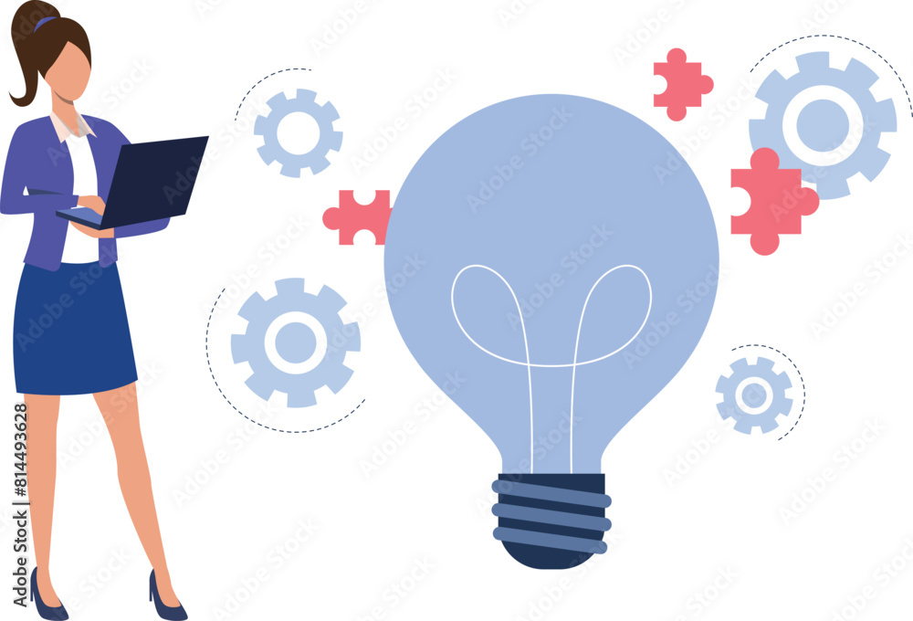 Girl solving idea puzzle on her laptop. Girl solving idea puzzle on her laptop.