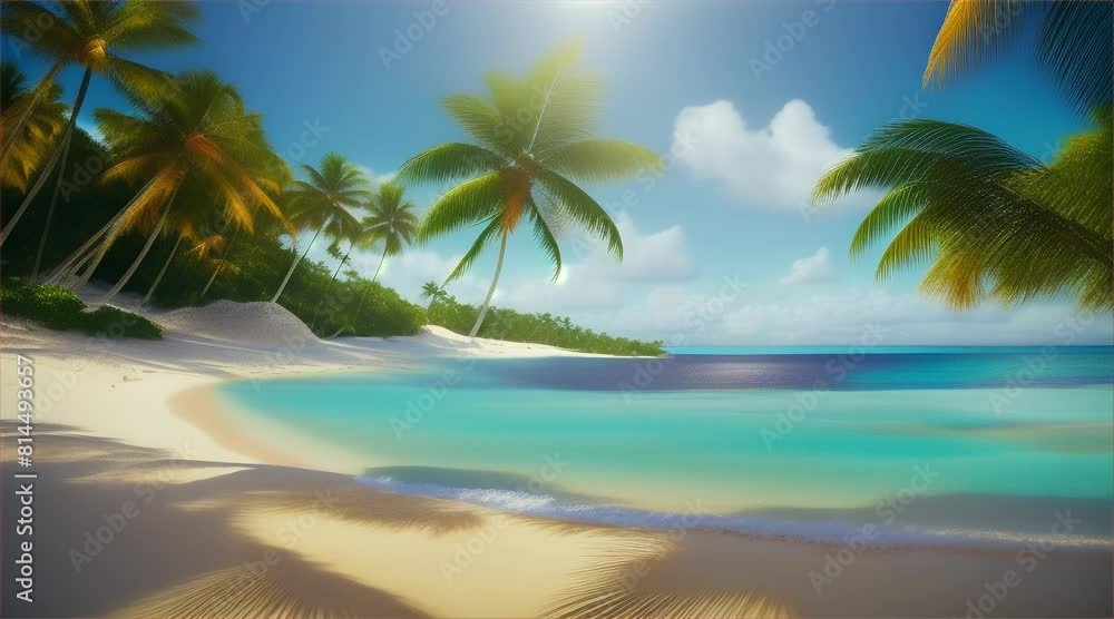 A tropical island paradise with white sandy beaches, lush green trees, and blue sea water on sunny days. A tropical island paradise with white sandy beaches, lush green trees, and blue sea water on sunny days.