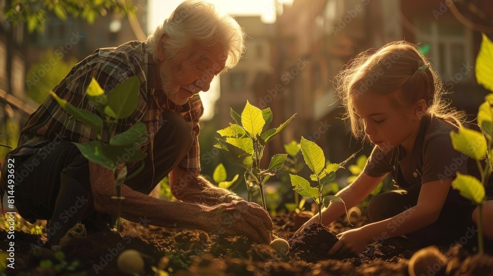 An elderly couple is planting trees in a community garden on a sunny day, with their grandchildren helping out a heartwarming, multi-generational activity