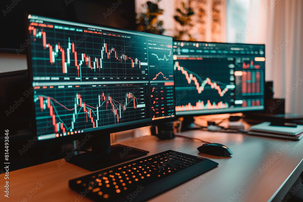 two monitors with a trading schedule on the cryptocurrency exchange, trader's office with computers on the table, trading on the digital currency exchange, generative ai two monitors with a trading schedule on the cryptocurrency exchange, trader's office with computers on the table, trading on the digital currency exchange, generative ai