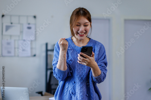 Portrait of happy smile beautiful business asian woman working office desk computer. Small business sme people employee freelance online start up marketing asian designer telemarket successful banner