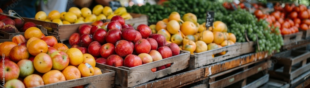 The local community market features sustainable, locally-sourced food products, bustling, vibrant stalls, and a variety of shoppers The local community market features sustainable, locally-sourced food products, bustling, vibrant stalls, and a variety of shoppers