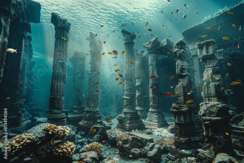 A surreal underwater cityscape with ancient ruins inhabited by marine life