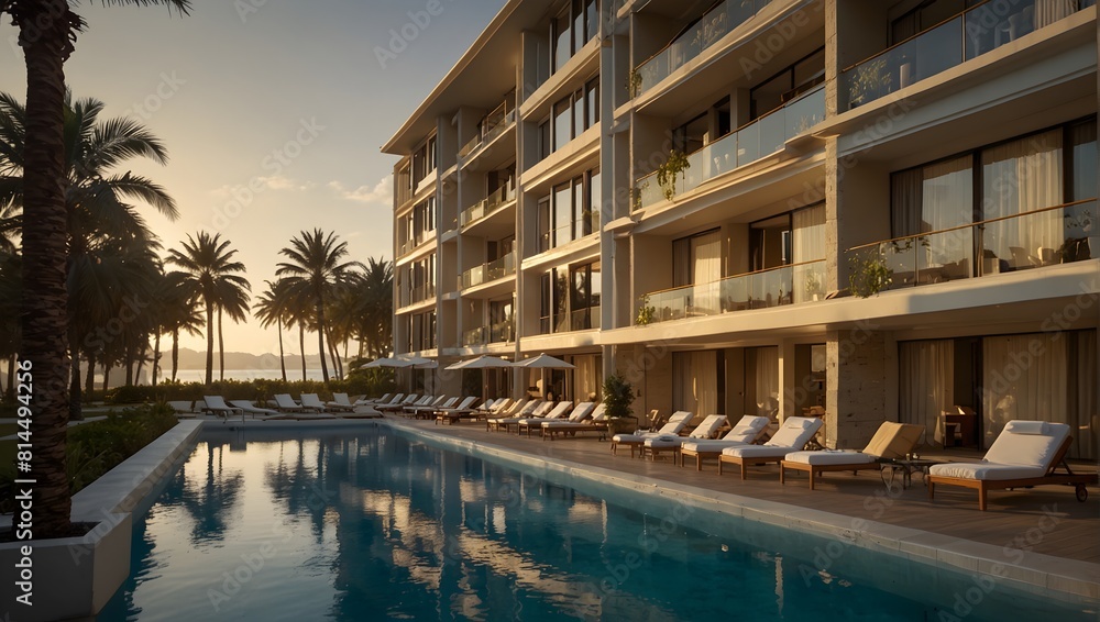 Luxurious resort with a swimming pool at sunset, elegant vacation destination with tropical vibes, perfect for travel and tourism inspiration Luxurious resort with a swimming pool at sunset, elegant vacation destination with tropical vibes, perfect for travel and tourism inspiration