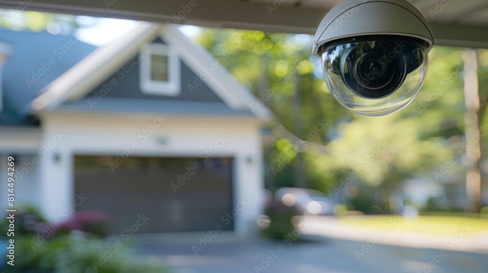 Close-up of a security camera positioned in front of a house, capturing the surroundings for surveillance and protection purposes. Close-up of a security camera positioned in front of a house, capturing the surroundings for surveillance and protection purposes.