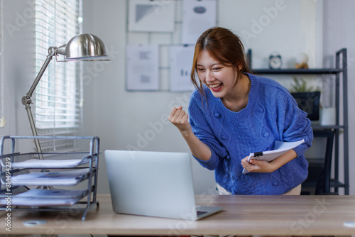 Portrait of happy smile beautiful business asian woman working office desk computer. Small business sme people employee freelance online start up marketing asian designer telemarket successful banner