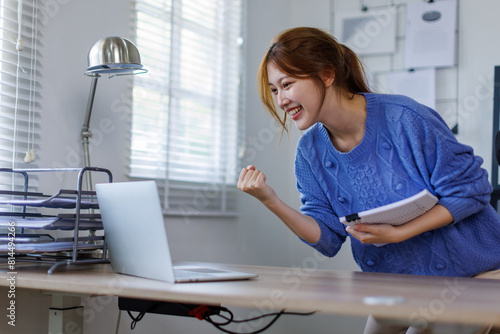 Portrait of happy smile beautiful business asian woman working office desk computer. Small business sme people employee freelance online start up marketing asian designer telemarket successful banner