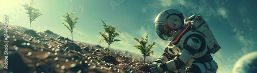 Humanoid robots planting trees on a terraformed planet, side view, reforestation in space, Futuristic tone, Splitcomplementary color scheme photo
