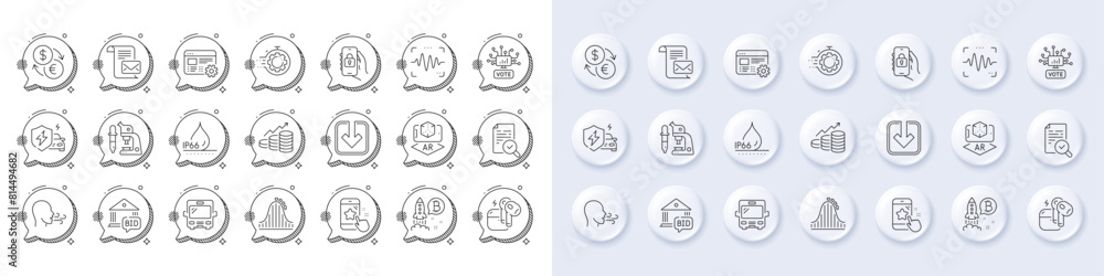 Voice wave, Bus and Bitcoin project line icons. White pin 3d buttons, chat bubbles icons. Pack of Waterproof, Star rating, Roller coaster icon. Vector Voice wave, Bus and Bitcoin project line icons. White pin 3d buttons, chat bubbles icons. Pack of Waterproof, Star rating, Roller coaster icon. Vector