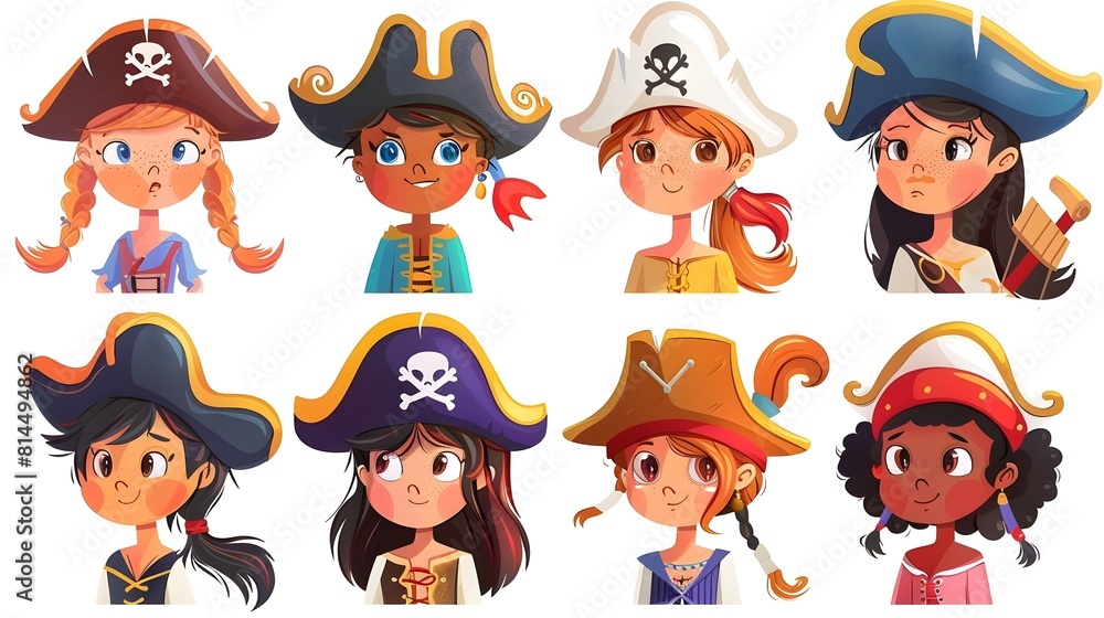 Obraz premium Playful Pirate Cartoon Characters in Colorful Costumes and Accessories