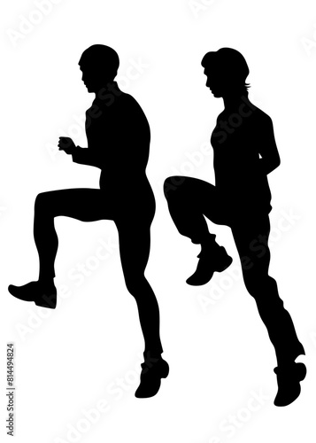 Young athletes run a marathon. Isolated silhouettes on white background