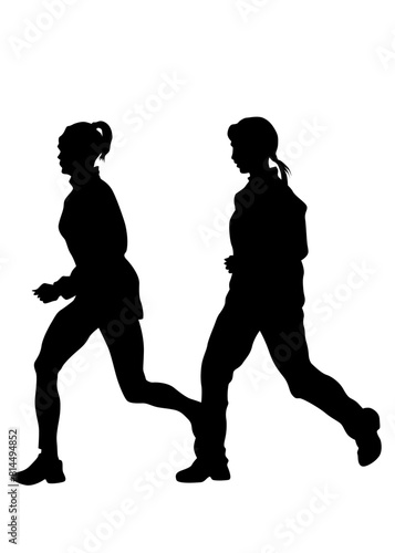 Young athletes run a marathon. Isolated silhouettes on white background