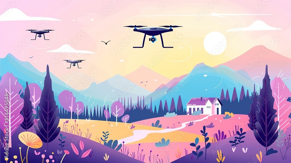A beautiful landscape with a house, mountains, and trees. The sky is a gradient of pink, purple, and blue. There are three drones flying in the sky. A beautiful landscape with a house, mountains, and trees. The sky is a gradient of pink, purple, and blue. There are three drones flying in the sky.