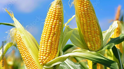 Juicy ripe corn on a field against a blue sky
