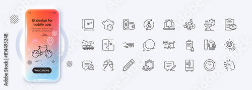 Education, Artificial intelligence and Pencil line icons for web app. Phone mockup gradient screen. Pack of Cogwheel, Time change, Chat message pictogram icons. Vector