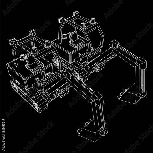 Heavy equipment excavator machine manufacturing power equipment for open pit mining. Wireframe low poly mesh vector illustration