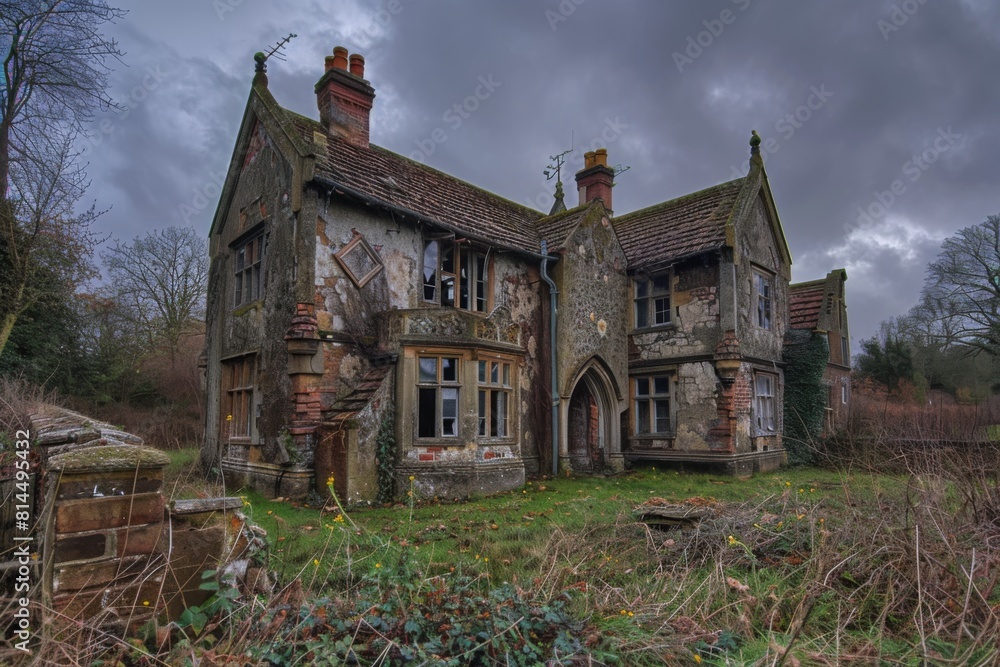 A forgotten manor house, its once-grand architecture now a haunting reminder of days gone by A forgotten manor house, its once-grand architecture now a haunting reminder of days gone by