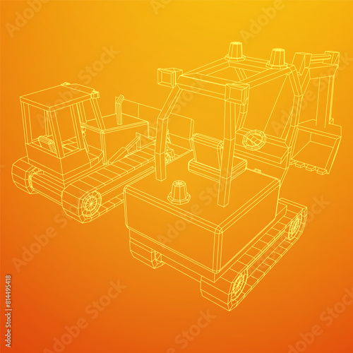 Heavy equipment excavator machine manufacturing power equipment for open pit mining. Wireframe low poly mesh vector illustration