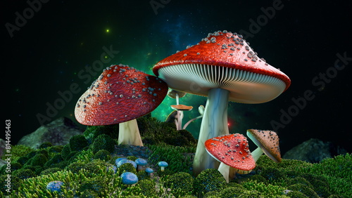 Quadro su tela Vibrant red capped mushrooms rise above a bed of moss under a starlit sky, creating an enchanting scene