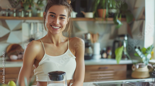 Young slender woman in the kitchen making healthy tasty yogurt in a blender photo