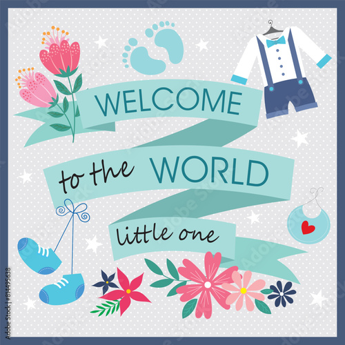 Baby shower card design with lettering, flowers, shoes and clothe