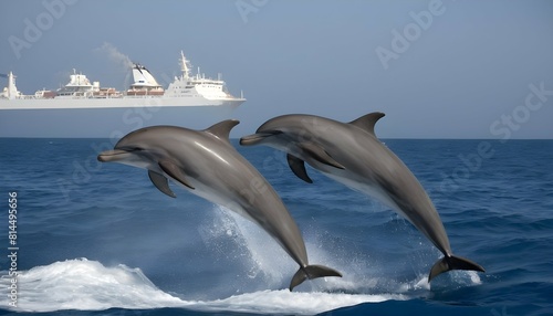 A pair of dolphins riding the bow wave of a passin