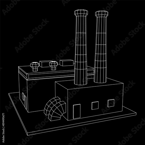 Industrial factory. Plant or Factory Building. Manufacturing building. Wireframe low poly mesh vector illustration.