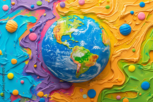 A vibrant  chunky clay-style illustration depicting planet Earth with a textured  handcrafted look  featuring bright  playful colors that appeal to a child-friendly aesthetic 