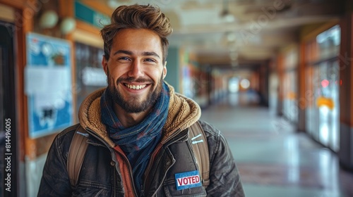 A closeup portrait of an attractive, smiling man 30s wearing casual attire during 2024 year elections . he is casting a vote for President . he is looking directly into the camera, copy space.